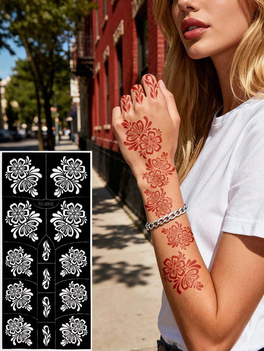 1 Sheet Tattoo Template Sticker, Flora Adhesive Hollow Sticker, Used For Hand Body Art Painting, Reusable Tattoo Template, Used For Party Mehndi Design, DIY Haina Painting Template, Multiple Pattern Options,Tattoo Stencil