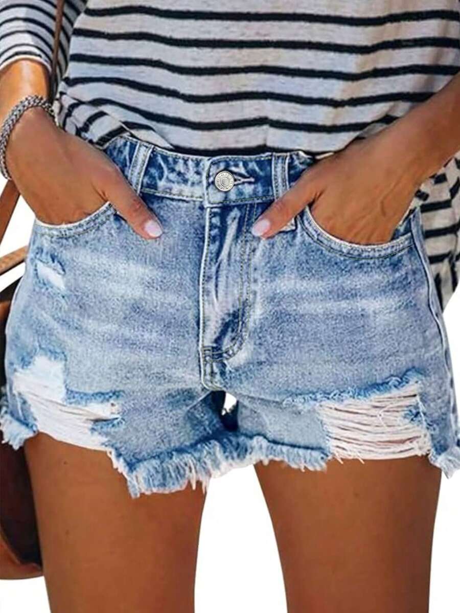 Women's High Waist Comfortable Super Short Jeans, Tight Fit, Distressed Raw Hem, Retro Vintage Design, Casual Home Wear, Light Blue Washed Denim Super Shorts