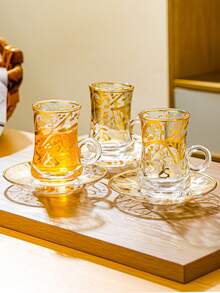 1 Set, Gold Plated Transparent Glass Coffee Cup Set With Saucer, Handle, Thick Heat-Resistant Design - Ideal For Latte, Tea, Beverages - Reusable Multipurpose Glass Drinkware, Suitable For Home And Office Use