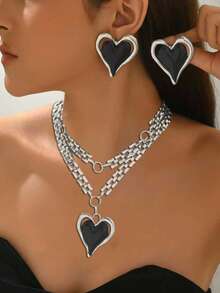 Bộ 3 dây chuyền kim loại + hoa tai phong cách Âu Mỹ, dây chuyền mặt trái tim phối màu thời trang với thiết kế dây xích hai lớp, hoa tai hình trái tim phóng đại, quà tặng cao cấp cho tiệc tùng và lễ hội - có màu bạc - Xem 5