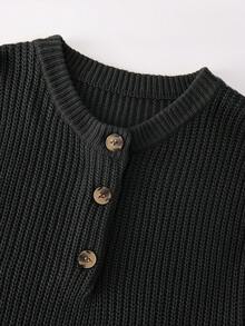 男士舒适简约纽扣装饰长袖圆领毛衣，休闲百搭，适合日常穿着，秋冬 - 黑色 - 查看 4