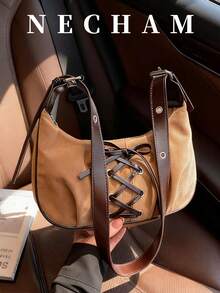 1个撞色仿麂皮单肩包，可调节简约斜挎包 - 卡其色 - 查看 9