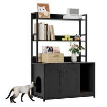 Caja de arena para gatos de 132x45x90cm, armario de madera oculto con estantes y encimera, mueble grande para gatos con puertas magnéticas, pared divisoria independiente y alfombrilla rascadora, negro - Negro - Ver 1