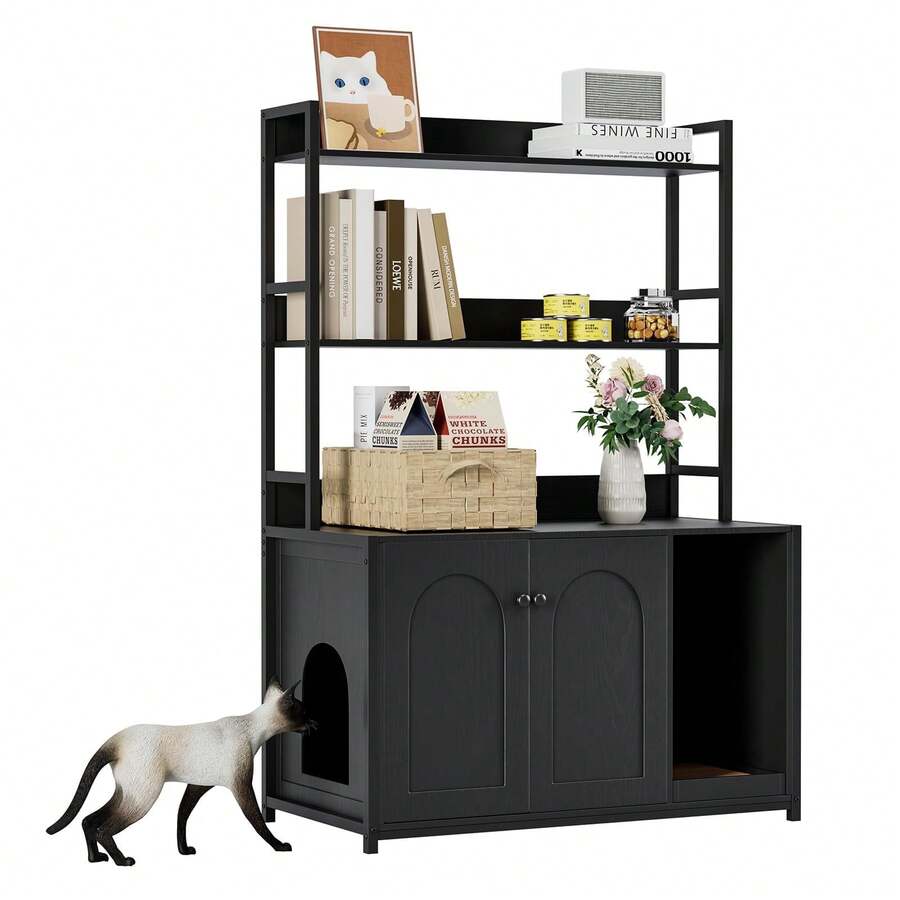 Caja de arena para gatos de 132x45x90cm, armario de madera oculto con estantes y encimera, mueble grande para gatos con puertas magnéticas, pared divisoria independiente y alfombrilla rascadora, negro - Negro - Ver 1
