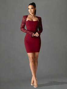 情人节女士时尚迷你紧身连衣裙露背秋冬长袖蕾丝连衣裙红色优雅婚礼晚宴鸡尾酒会礼服性感服装 - 紅色 - 查看 6