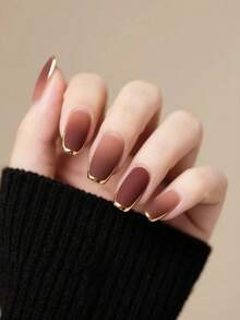 24pcs Long Coffin Shaped Fake Nails, Gold Edged French Ombre Brown Gradient Press-On Nails, Includes 1pc Jelly Gel And 1pc Nail File, Suitable For Women And Girls For Prom, Party, Gathering - Coffee Brown - View 7
