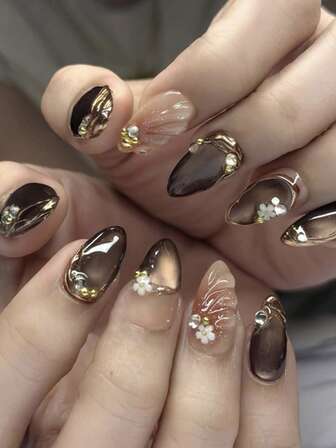 24 piezas Uñas postizas de forma de ojo de gato de color marrón invernal con decoración tridimensional, uñas falsas con flores, uñas cortas de forma de ataúd, juego de manicura que incluye 1 hoja de pegatinas adhesivas y 1 lima pequeña, perfectas para uso diario