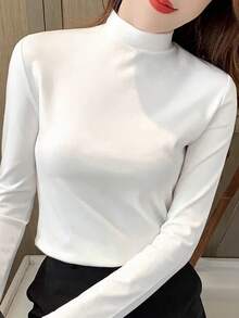 270g Autumn/Winter Thermal Stand Collar Long Sleeve Base Layer, Warm, Slimming, Solid Color, White, Versatile - White - View 3