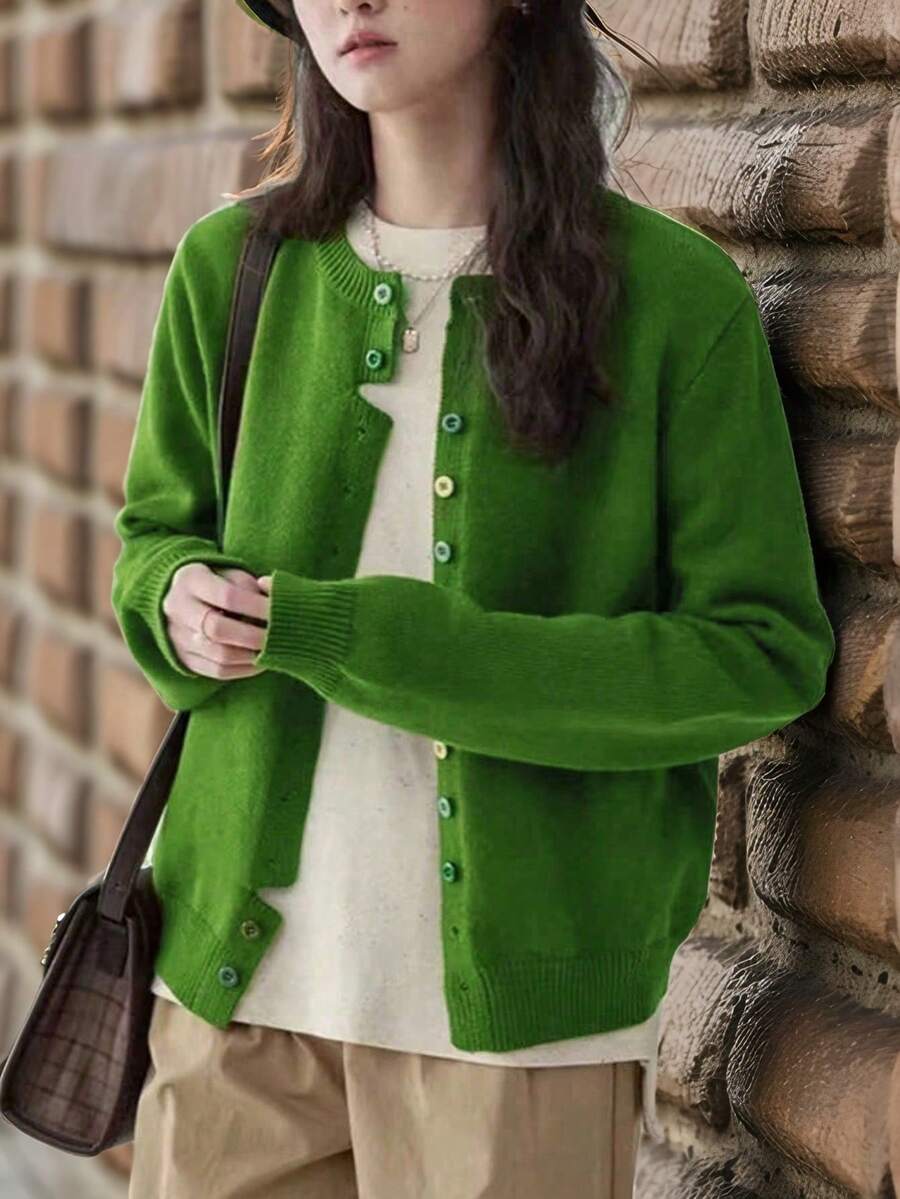JIANHU 春季简约纯色针织开衫,宽松圆领女式毛衣外套 - 綠色 - 查看 1