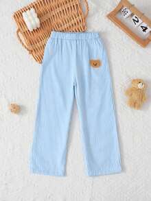 idolCat Toddler Boys' Casual Striped Pants With Teddy Bear Patch, Elastic Waistband, Suitable For Autumn Daily Wear - Baby Blue - View 1