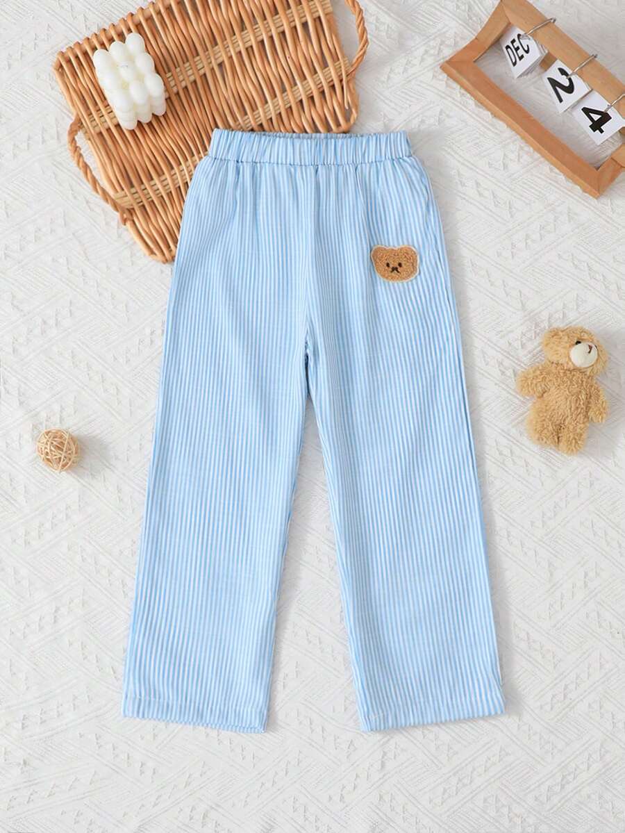 idolCat Toddler Boys' Casual Striped Pants With Teddy Bear Patch, Elastic Waistband, Suitable For Autumn Daily Wear - Baby Blue - View 1