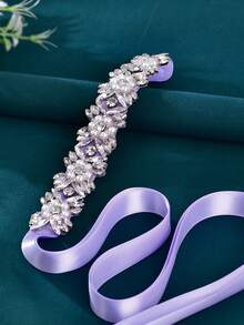 حزام خصر عروس قطعة واحدة، مزين بالراين ستون والزهور المصنوعة من اللؤلؤ الاصطناعي، إكسسوار جسم للنساء، مناسب للحفلات والمناسبات الخاصة وحزام خصر لفساتين الوصيفات، إكسسوارات عيد الحب - شريط أرجواني فاتح - مشاهدة 7