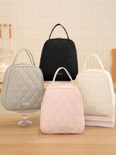 New Puffy Quilted Insulated Lunch Bag, Large Capacity Waterproof Thermal Bento Bag, Leakproof Soft Padded Down Lunch Tote For Women Girls Students, Portable Lunch Box Bag With Handle, Thick Aluminum Foil Lining, Daily Work School Office Picnic Travel Beach Camping Cooler Bag