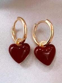 1 Pair Burgundy Heart-Shaped Ear Cuffs, Vintage Fashion Delicate Versatile Heart Festive New Year Earrings - Burgundy - View 3