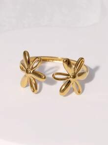 3pcs/Set Fashionable & Elegant Minimalist Floral Design Gold-Plated Stainless Steel Adjustable Rings, Suitable For Women's Daily, Party, And Date Wear - Three Piece Set - View 6