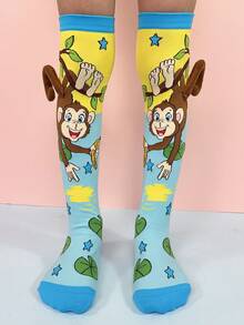 一双可爱卡通动物猴子立体尾巴配饰膝盖高筒袜适合日常聚会穿着 - 彩色 - 查看 8