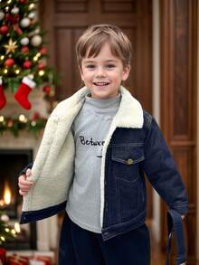 Young Boys Loose Fit Thermal Lined Denim Jacket, Suitable For Casual, School, Outdoor Wear In Autumn/Winter - Navy Blue - View 2
