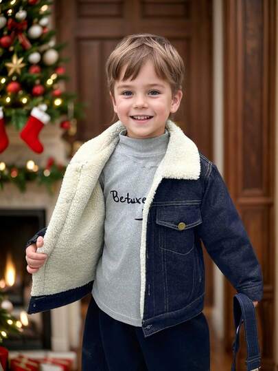 Young Boys Loose Fit Thermal Lined Denim Jacket, Suitable For Casual, School, Outdoor Wear In Autumn/Winter