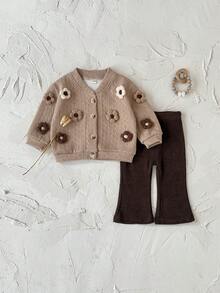 2pcs/Set Toddler Baby Girl Casual Knitted Crochet Floral Long Sleeve Jacket And Flare Pants Set, Autumn/Winter - Maroon - View 8