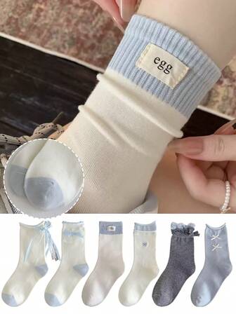 1 par de calentadores de piernas para mujer | Calcetines azules de media pantorrilla holgados para mujer + Diseño sin costuras estilo japonés con huevo + Decoración con lazo + Cómodos y amigables con la piel + Versátiles para uso diario