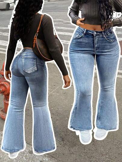 Fall Women Clothes Western/Cowgirl Style Women's Street Fashion Flare Leg Jeans Plus Size Blue Denim Bell-Bottom Stretch Jeans