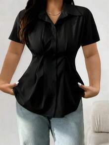 Plus Size Elegant Solid Color Short Sleeve Button Down Shirt - Casual Weekend Top, Collared, Non-Stretch Fabric, Suitable For All Seasons, Casual, Elegant Shirt, Fashionable Button Shirt - Black - View 4