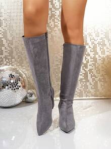 女士时尚简约尖头中筒靴，粗跟西部风格靴