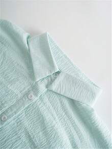 女士纯色衬衫，休闲长袖主教袖衬衫领常规款上衣，日常纽扣门襟春季款 - 水鴨藍 - 查看 5