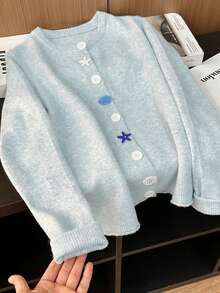 Infant Blue Women's Sweater, Cute Youthful Shell Button Faux Wool Fabric Cardigan, Autumn Top - Blue - View 1