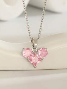 5style Sweet Dainty Shiny Pave Pink Zirconia Bowkont/Flower/Heart/Planet/Cross Pendant Necklace Girls Elegant Stylish Clavicle Chain Necklace Match All Seasons - Silver - View 6