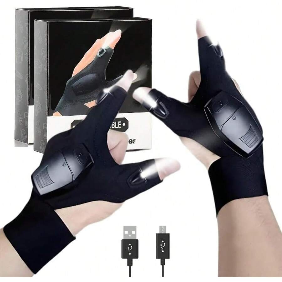 2 Pares Guantes con Luz LED, Guantes de Trabajo sin Dedos con Linternas Manos Libres para Mecánico/Noche/Pesca (Negros), Regalos Tecnología Hombre, Padre, Cumpleaños - 1 - Ver 1