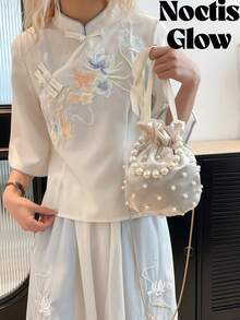 1pc Women's Fashion Nylon Shoulder Bag With Pearl Decoration, Drawstring Bucket Bag, One Shoulder & Crossbody - trắng - Xem 11