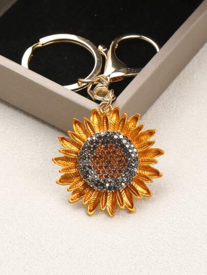 1个新款水钻向日葵钥匙扣，优雅精致的向日葵金属饰品吊坠礼品