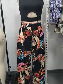 2pcs Set Women Solid Color Sleeveless Hollow Simple Crop Top And Long Pants - Multicolor - View 1