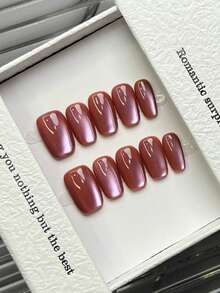 10片手工美甲片，椭圆方形亚克力按压式美甲，短款/中款，极简粉色美甲，闪亮猫眼美甲，简约优雅奢华手工美甲，秋季美甲，秋季按压式美甲，可爱美学，百搭美甲，DIY假指甲，派对日常及约会适用，海滩热带度假适用，可重复使用，适合女性和女孩作为礼物，美甲用品，手工按压式美甲 - 粉色 - 查看 5