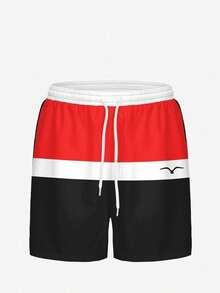 Men's Plus Size Hawaiian Seagull Colorblock Artistic Pattern 3D Digital Print Fashionable Casual Beachwear Drawstring Shorts, Suitable For Beach, Vacation And Daily Wear - Red - View 2