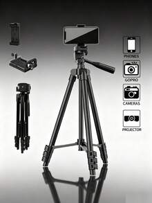 Portable Aluminum Extendable Camera & Phone Tripod Stand With Universal Mount & Pan-Tilt Head, Compatible With DSLR Cameras (Mainstream Brands),Smartphones (Apple Phones, Android Phones),GoPro,Projector, For Photography, Selfie, Live Streaming, Vlogging, Video Recording, Video Conference For Winter Vacation, Travel, Outdoor Activities, Live Streaming, Stable Recording Vacation Travlel Outdoor Activities Live Streaming Stable Recording Selfie Stick Vlogging Equipment Strong Load-Bearing - Black - View 2