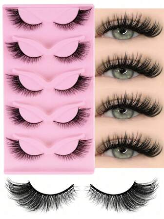 5对黑色假睫毛，狐狸眼假睫毛，仿貂毛假睫毛，自然款假睫毛，睫毛嫁接，化妆贴片，假睫毛，适合日常旅行和圣诞节