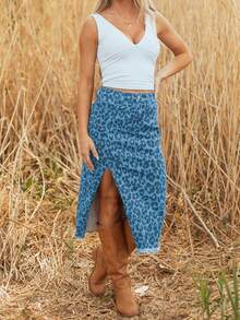 Leopard Print Frayed Side Slit Denim Midi Skirt - 天藍色 - 查看 2