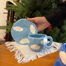 2个陶瓷咖啡杯，休闲水杯，牛奶杯，夏季饮具，厨房用品，家用厨具，生日礼物，手工不对称陶瓷咖啡杯碟套装，彩绘图案马克杯 - 多選 - 查看 15