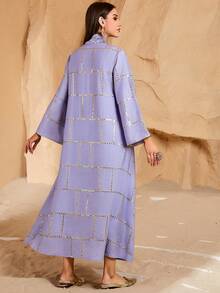 Áo Kaftan nữ thanh lịch màu tím dệt kim, cổ chữ V, tay dài raglan thêu chỉ vàng, kiểu dáng dài, không co giãn, thích hợp cho mùa xuân. - Màu tím hoa cà - Xem 2