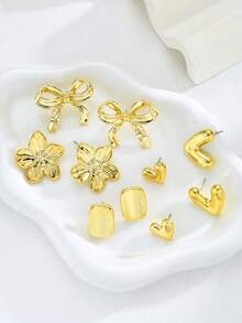 10pcs/Set Fashionable & Sweet Bow, Heart, Flower Square Stud Earrings Set, Suitable For Women's Daily Wear, Outfit Matching, Party, Dating, Gift For Mom Or Girlfriend (No Card Paper) - Gold - View 4