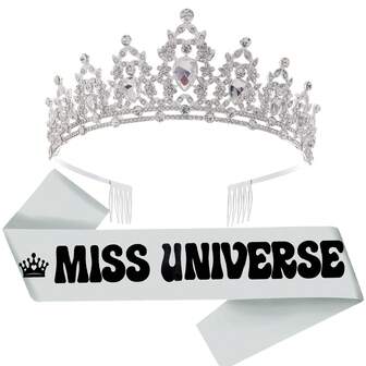 Faja de satén plateada ajustable de Miss Universo y set de tiaras y coronas plateadas - Letras de brillo negro para concurso de belleza / Disfraz de reina de belleza para mujer. Diadema de cristal con strass para accesorios para el cabello para novia, fiesta de cumpleaños, reina, princesa, disfraz y cosplay
