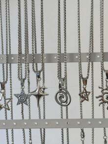 Bộ 6 chiếc/Bộ dây chuyền thép không gỉ hình ngôi sao, ngọn lửa, mặt trời, trái tim Gothic Punk cổ điển dành cho nam, bao gồm 6 dây chuyền mặt thánh giá Baroque Châu Âu hỗn hợp, thích hợp cho Giáng sinh, Năm mới, Ngày lễ tình nhân và các ngày lễ khác - Bạc - Xem 4