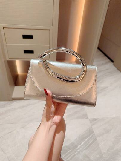 1个时尚金属装饰迷你盒形手拿包，优雅闪亮的金属条点缀女士手提包，尽显晚礼服、派对、婚礼、舞会、盛大晚宴的奢华质感 - 配有金属链