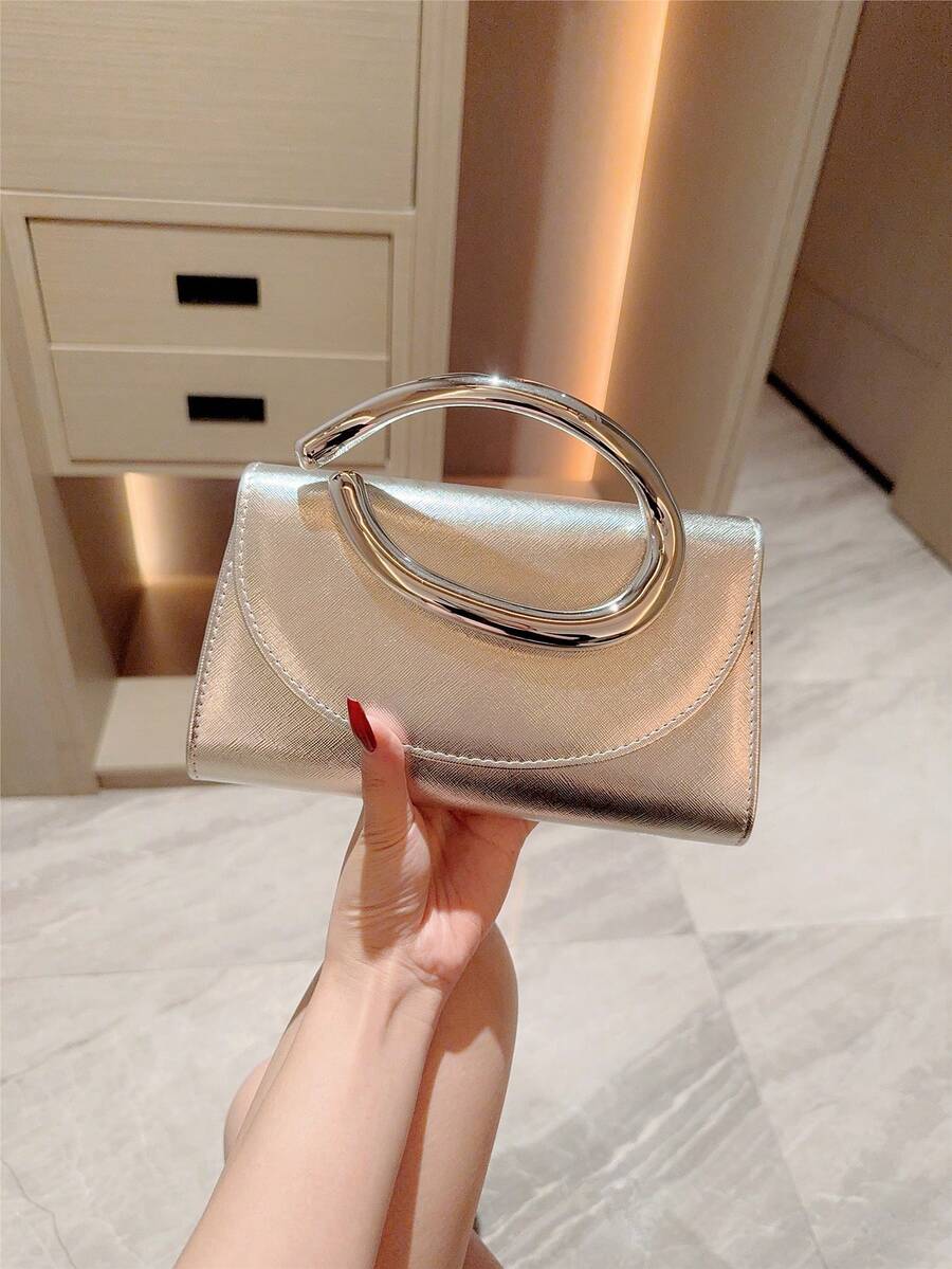 1 Túi cầm tay mini trang trí bằng kim loại thời trang, Túi xách nữ thanh kim loại sáng bóng thanh lịch, Cảm giác sang trọng cho trang phục dạ hội, tiệc tùng, đám cưới, vũ hội, dạ tiệc - Đi kèm với dây xích kim loại