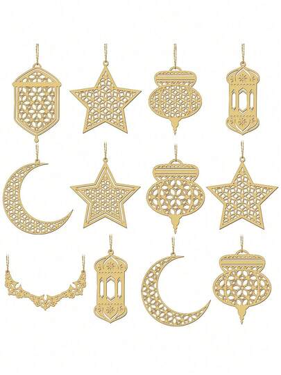 6-Piece Set - Islamic Ramadan Wooden Ornaments Decorative Ramadan Blessings Decorations Moon & Star Lantern Shaped Hangings DIY Home Decor For Ramadan & Eid Al-Fitr Eid Al-Fitr Wooden Decorative Pendants Assorted Shaped Decorative Hangings