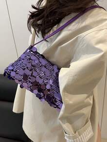1pc, Joker Fashion , High Value And Niche Design Portable Shoulder Bag, Solid Color Polyester Fabric Sequins Splicing Decoration And Multicolor Optional Square Bag, Suitable For Ladies' Daily Commuting And Shopping Occasions. - Multicolor - View 11