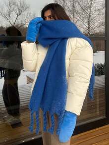 1件装女士秋冬毛绒流苏围巾，保暖舒适大披肩，户外防风，日常简约百搭