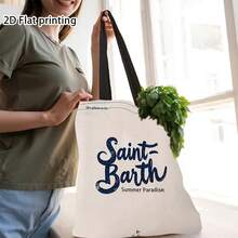 1 Piece Vintage Saint Barth Summer Paradise Handbag - Lightweight Open Top Shoulder Bag, Suitable Women, Casual Beach And Travel Essential, Durable Canvas, Fixed Shoulder Strap, Shopping And Vacation, Beach Bag - trắng - Xem 9